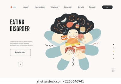 Mental disorders web template. Eating disorder - modern flat vector illustration of a woman stuffing herself meeting with a stress experience. People emotional, psychological, mental traumas concept