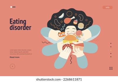 Plantilla web de trastornos mentales. Trastorno alimentario - moderna ilustración vectorial plana de una mujer que se acompaña con una experiencia de estrés. Concepto de traumas emocionales, psicológicos y mentales