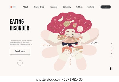 Mental disorders web template. Eating disorder - modern flat vector illustration of a woman stuffing herself meeting with a stress experience. People emotional, psychological, mental traumas concept