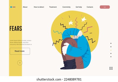 Webvorlage für psychische Störungen. Ängste - moderne, flache Vektorgrafik der Frau, die nervös schreckt, sich mit Stress-Erfahrung treffen. Konzept der Menschen für emotionale, psychologische, psychische Traumata