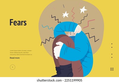 Mental disorders web template. Fears- modern flat vector illustration of woman dreading nervous, bracing herself meeting with stress experience. People emotional, psychological, mental traumas concept