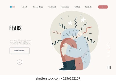 Mental disorders web template. Fears- modern flat vector illustration of woman dreading nervous, bracing herself meeting with stress experience. People emotional, psychological, mental traumas concept