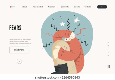 Mental disorders web template. Fears- modern flat vector illustration of woman dreading nervous, bracing herself meeting with stress experience. People emotional, psychological, mental traumas concept