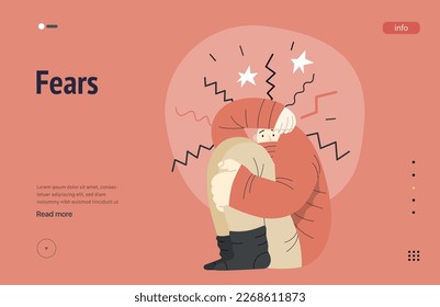 Mental disorders web template. Fears- modern flat vector illustration of woman dreading nervous, bracing herself meeting with stress experience. People emotional, psychological, mental traumas concept