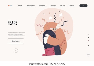 Mental disorders web template. Fears- modern flat vector illustration of woman dreading nervous, bracing herself meeting with stress experience. People emotional, psychological, mental traumas concept