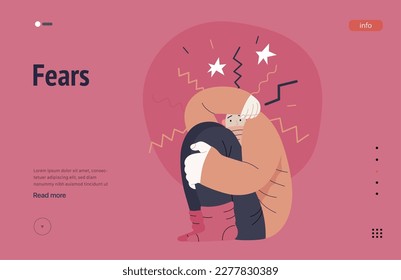 Mental disorders web template. Fears- modern flat vector illustration of woman dreading nervous, bracing herself meeting with stress experience. People emotional, psychological, mental traumas concept