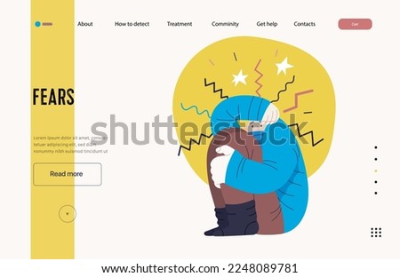 Mental disorders web template. Fears- modern flat vector illustration of woman dreading nervous, bracing herself meeting with stress experience. People emotional, psychological, mental traumas concept