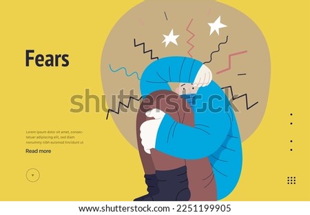 Mental disorders web template. Fears- modern flat vector illustration of woman dreading nervous, bracing herself meeting with stress experience. People emotional, psychological, mental traumas concept