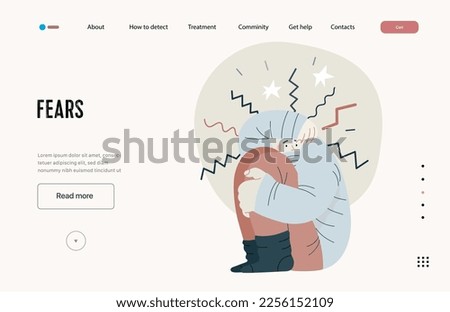 Mental disorders web template. Fears- modern flat vector illustration of woman dreading nervous, bracing herself meeting with stress experience. People emotional, psychological, mental traumas concept