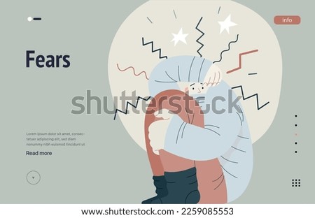 Mental disorders web template. Fears- modern flat vector illustration of woman dreading nervous, bracing herself meeting with stress experience. People emotional, psychological, mental traumas concept