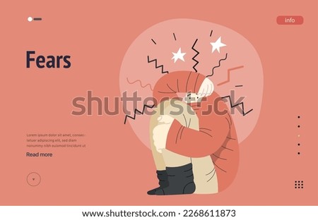 Mental disorders web template. Fears- modern flat vector illustration of woman dreading nervous, bracing herself meeting with stress experience. People emotional, psychological, mental traumas concept