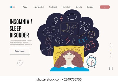 Mental disorders web template. Insomnia, sleep disorder - modern flat vector illustration of a woman meeting with a sleep disorder trying to fall asleep. People emotional, psychological, mental