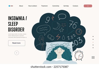 Mental disorders web template. Insomnia, sleep disorder - modern flat vector illustration of a woman meeting with a sleep disorder trying to fall asleep. People emotional, psychological, mental