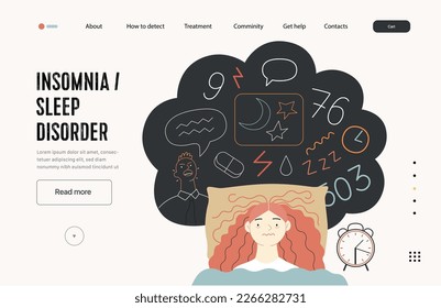 Mental disorders web template. Insomnia, sleep disorder - modern flat vector illustration of a woman meeting with a sleep disorder trying to fall asleep. People emotional, psychological, mental