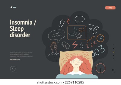 Mental disorders web template. Insomnia, sleep disorder - modern flat vector illustration of a woman meeting with a sleep disorder trying to fall asleep. People emotional, psychological, mental