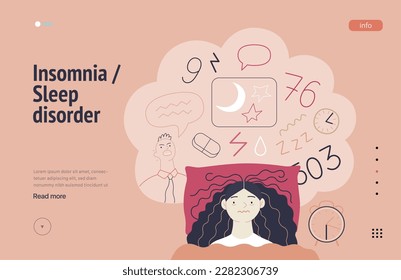 Mental disorders web template. Insomnia, sleep disorder - modern flat vector illustration of a woman meeting with a sleep disorder trying to fall asleep. People emotional, psychological, mental