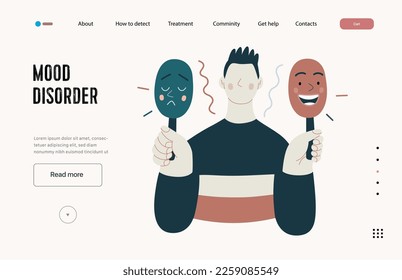 Mental disorders web template. Mood disorder - modern flat vector illustration of a man choosing between two mood extrems. People emotional, psychological, mental traumas concept