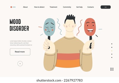 Mental disorders web template. Mood disorder - modern flat vector illustration of a man choosing between two mood extrems. People emotional, psychological, mental traumas concept