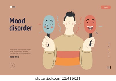 Mental disorders web template. Mood disorder - modern flat vector illustration of a man choosing between two mood extrems. People emotional, psychological, mental traumas concept