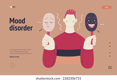 Mental disorders web template. Mood disorder - modern flat vector illustration of a man choosing between two mood extrems. People emotional, psychological, mental traumas concept