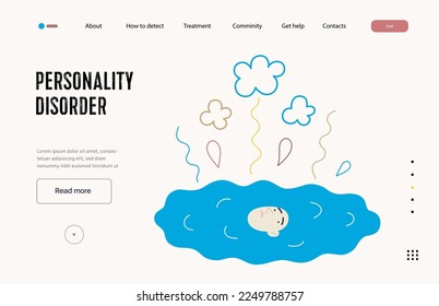 Mental disorders web template. Personality disorder- modern flat vector illustration of person who has lost their identity turned into a puddle. People emotional, psychological, mental traumas concept