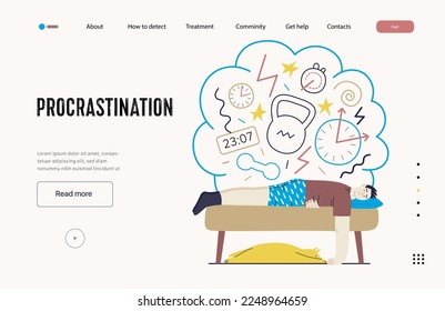 Mental disorders web template. Procrastination - modern flat vector illustration of man suffering under the weight of problems and obligations. People emotional, psychological, mental traumas concept