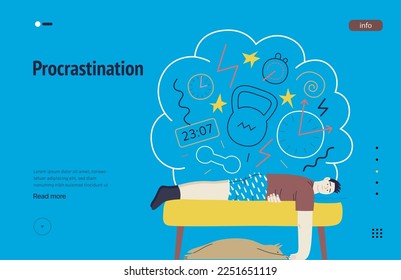 Mental disorders web template. Procrastination - modern flat vector illustration of man suffering under the weight of problems and obligations. People emotional, psychological, mental traumas concept