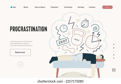 Mental disorders web template. Procrastination - modern flat vector illustration of man suffering under the weight of problems and obligations. People emotional, psychological, mental traumas concept