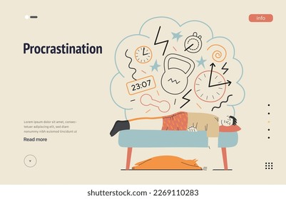 Mental disorders web template. Procrastination - modern flat vector illustration of man suffering under the weight of problems and obligations. People emotional, psychological, mental traumas concept