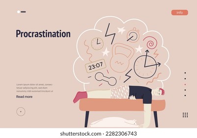 Mental disorders web template. Procrastination - modern flat vector illustration of man suffering under the weight of problems and obligations. People emotional, psychological, mental traumas concept