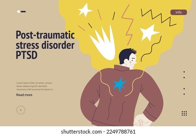 Mental disorders web template. PTSD - modern flat vector illustration of a man meeting with traumatic stress experience - burst, explosion. People emotional, psychological, mental traumas concept