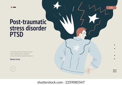 Mental disorders web template. PTSD - modern flat vector illustration of a man meeting with traumatic stress experience - burst, explosion. People emotional, psychological, mental traumas concept