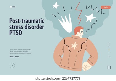 Mental disorders web template. PTSD - modern flat vector illustration of a man meeting with traumatic stress experience - burst, explosion. People emotional, psychological, mental traumas concept