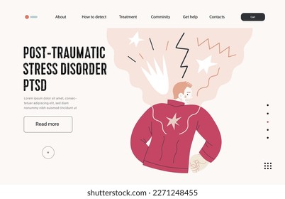 Mental disorders web template. PTSD - modern flat vector illustration of a man meeting with traumatic stress experience - burst, explosion. People emotional, psychological, mental traumas concept