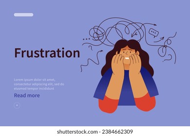 Mental disorders website concept. Frustrated woman with nervous problem feel anxiety and confusion of thoughts. Female with anxiety touch head surrounded by thoughts. Vector flat illustration