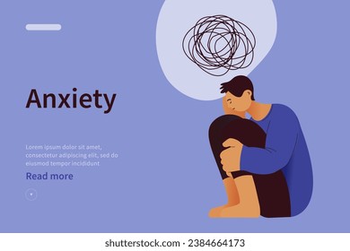 Mental disorders website concept. Frustrated man with nervous problem feel anxiety and confusion of thoughts, holding face with palm in despair. Vector flat illustration