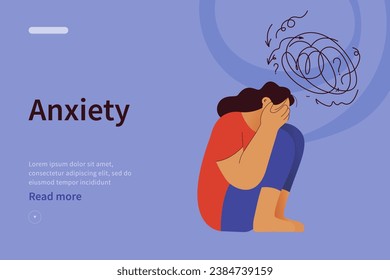 Mental disorders website concept. Frustrated woman with nervous problem feel anxiety and confusion of thoughts, closing face with palms in despair. Vector flat illustration