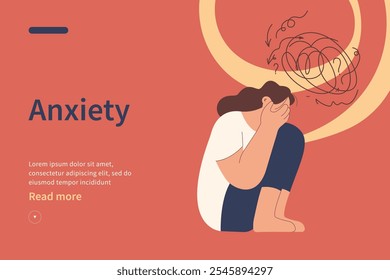 Concepto de Sitio web de trastornos mentales. Las mujeres frustradas con problemas nerviosos sienten ansiedad y confusión de pensamientos, cerrando la cara con las palmas de las manos en desesperación. Ilustración plana de Vector