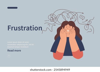 Mental disorders website concept. Frustrated woman with nervous problem feel anxiety and confusion of thoughts. Female with anxiety touch head surrounded by thoughts. Vector flat illustration