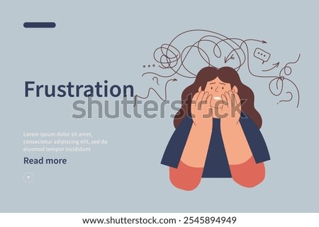 Mental disorders website concept. Frustrated woman with nervous problem feel anxiety and confusion of thoughts. Female with anxiety touch head surrounded by thoughts. Vector flat illustration