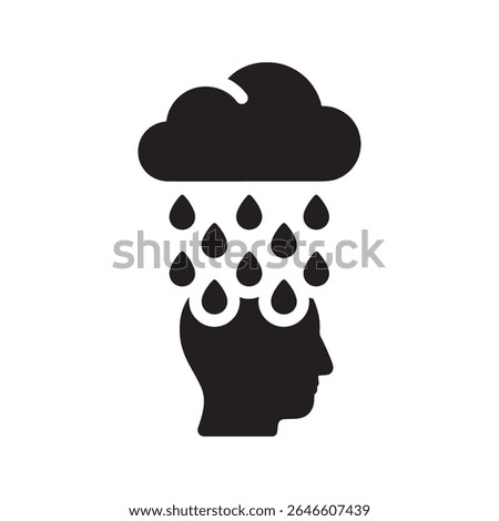 Mental distress icon with a rain cloud over a head representing negative thinking a bad day psychological problems stress and sadness vector solid glyph icon