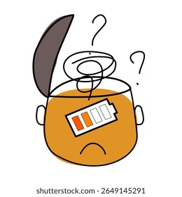 mental or emotional exhaustion, often referred to as brain drain or feeling drained. low battery icon inside the head represents a depleted state of energy, focus, or emotional reserves.