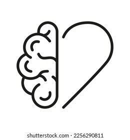 Mental Emotional Health Linear Pictogram. Healthy Rational Balance Heart Between Heart Love and Brain Outline Icon. Human Brain and Heart Line Icon. Editable Stroke. Isolated Vector Illustration.