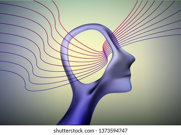 mental energy concept, abstract man profile shape with colored lines, surrealism vector