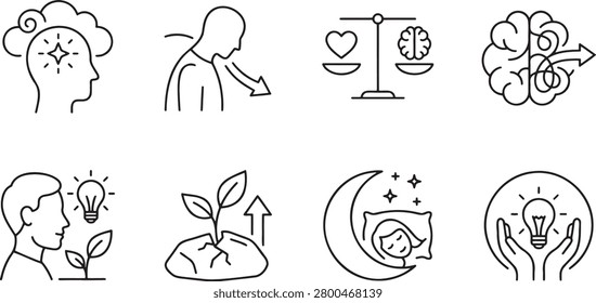 Mental enlightenment and evening relaxation outline icons set