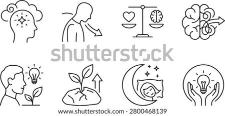 Mental enlightenment and evening relaxation outline icons set