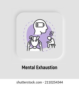 Mental exhaustion concept with thin line icons, working fatigue, frustrated man, low battery. Depression, professional crisis, low activity. Vector illustration.