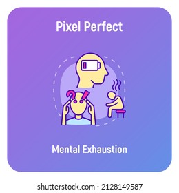 Mental exhaustion concept with thin line icons, working fatigue, frustrated man, low battery. Depression, professional crisis, low activity. Vector illustration.
