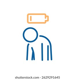 Mental fatigue icon. Vector thin line illustration with editable stroke showing burnout, exhaustion, energy depletion and chronic tiredness. Tired person with low battery
