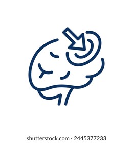 Icono de enfoque mental. Ilustración de una línea simple de un cerebro con una flecha apuntando a un punto, que representa la concentración del cerebro, funciones cognitivas y precisión mental.